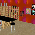Stylish Bar Interior With Orange Pink Walls Decorative Paintings Wine Racks And Colorful Rug