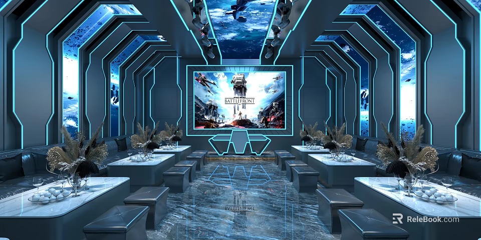 Modern Futuristic KTV Interior With Large Screen Blue Lighting Seating And Tables 3d model 
