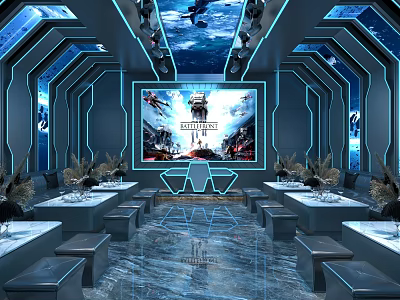 Modern Futuristic KTV Interior With Large Screen Blue Lighting Seating And Tables 3d model