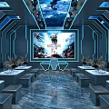 Modern Futuristic KTV Interior With Large Screen Blue Lighting Seating And Tables