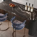 Modern Bar Counter With Black Marble Top Blue Velvet Stools And Wine Bottles