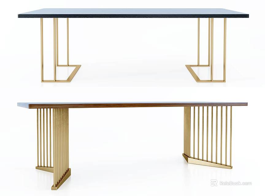 Rectangular Dining Tables Featuring Golden Geometric And Vertical Slat Legs With Dark Light Tabletops 3d model