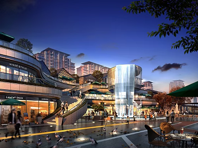 Modern Commercial Street with Glass Facade Multi Level Design Pedestrians Outdoor Seating and Evening Lighting 3d model
