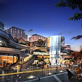 Modern Commercial Street with Glass Facade Multi Level Design Pedestrians Outdoor Seating and Evening Lighting