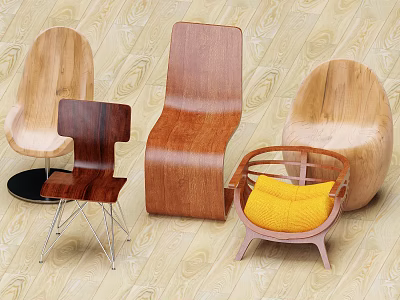Stylish Wooden Leisure Chairs With Various Designs And Yellow Cushion Feature 3d model