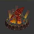 Volcanic Themed Decorative Structure With Lava Red Design Flaming Accents And Circular Stone Base