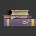 Stack of Books and Magazines with Purple Pink Covers Yellow Bands and Stacked Papers