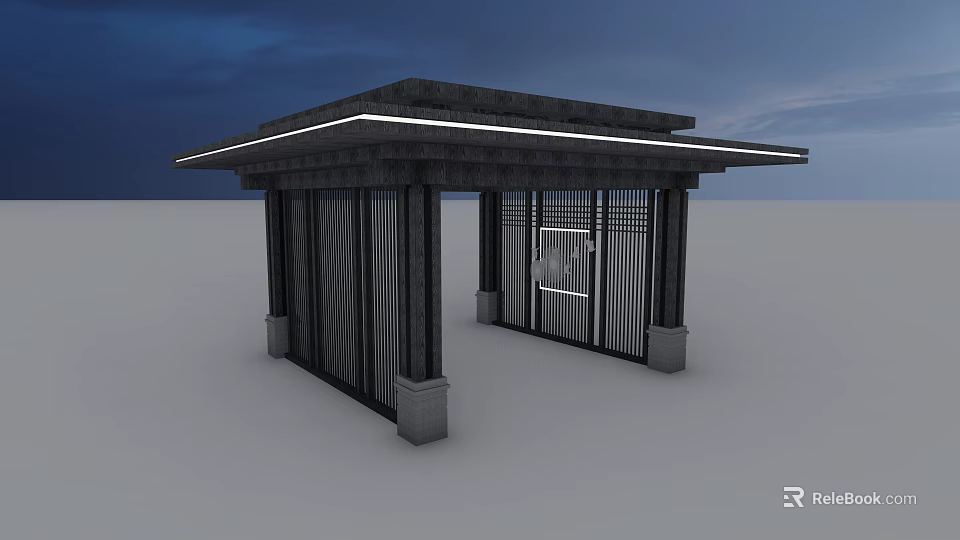 Modern Pavilion With Black Roof Illuminated Edges Metal Gate And Stone Pillar Base 3d model 