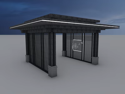 Modern Pavilion With Black Roof Illuminated Edges Metal Gate And Stone Pillar Base 3d model