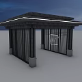 Modern Pavilion With Black Roof Illuminated Edges Metal Gate And Stone Pillar Base
