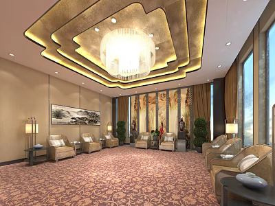Elegant Modern Lounge Area With Chandelier Sofa Chairs Carpet And Decorative Painting 3d model