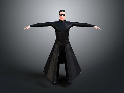Person In Black Tight Clothing With Long Cape And Sunglasses Arms Outstretched Gray Background 3d model