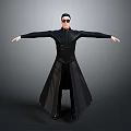 Person In Black Tight Clothing With Long Cape And Sunglasses Arms Outstretched Gray Background