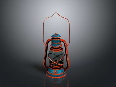 Vintage Kerosene Lamp Design With Blue Red Metal Frame And Glass Shade 3d model