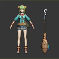 Green Haired Cat Ear Game Movie Character With Blue Jacket Plaid Skirt And Broom Prop
