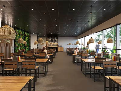 Bright Restaurant Interior With Wooden Tables Chairs Black Ceiling Woven Pendant Lights Green Plant Wall And Large Windows 3d model