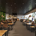 Bright Restaurant Interior With Wooden Tables Chairs Black Ceiling Woven Pendant Lights Green Plant Wall And Large Windows