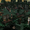 Cartoon Scene with Green Ground Wooden Barrels Carriage Cages Characters Standing Riding Horses Castle Buildings