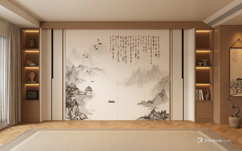 Chinese Style Sofa Background Wall With Landscape Painting Calligraphy And Wooden Shelves Warm Lighting Design 3d model 