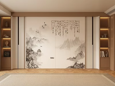 Chinese Style Sofa Background Wall With Landscape Painting Calligraphy And Wooden Shelves Warm Lighting Design 3d model