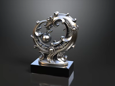 Silver Decorative Ornament Set with Intricate Scroll Patterns and Central Sphere on Black Square Base 3d model