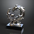 Silver Decorative Ornament Set with Intricate Scroll Patterns and Central Sphere on Black Square Base