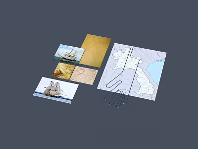 Historical Maps And Ship Images Layout On Papers Display Design 3d model