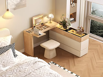 Modern Multifunctional Wooden Dressing Table With LED Makeup Mirror And Side Storage Cabinet For Bedroom 3d model