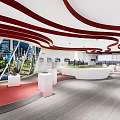 Modern Exhibition Hall Interior With Red Curved Ceiling Decor White Displays And City Silhouette Models