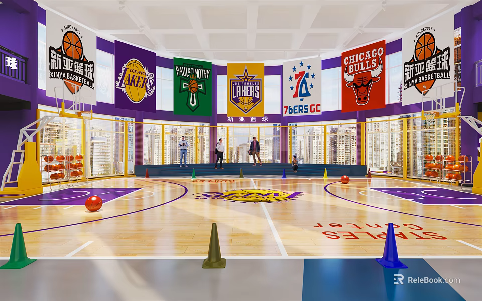 Spacious Basketball Court with Team Banners Lakers Logo and Training Cones 3d model 