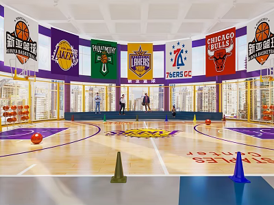 Spacious Basketball Court with Team Banners Lakers Logo and Training Cones 3d model