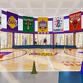 Spacious Basketball Court with Team Banners Lakers Logo and Training Cones