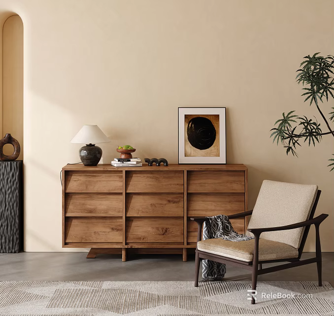 Natural Wooden Console Table In Entryway With Lamp Framed Art Plant And Chair 3d model 