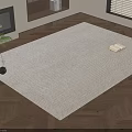 Light Beige Textured Square Rug in Living Room with Wood Floor Fireplace Plant and Books