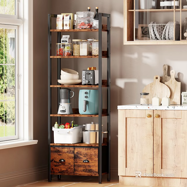 Modern Multilayer Kitchen Storage Shelf With Jars Bowls Coffee Maker Vegetables And Storage Boxes 3d model 
