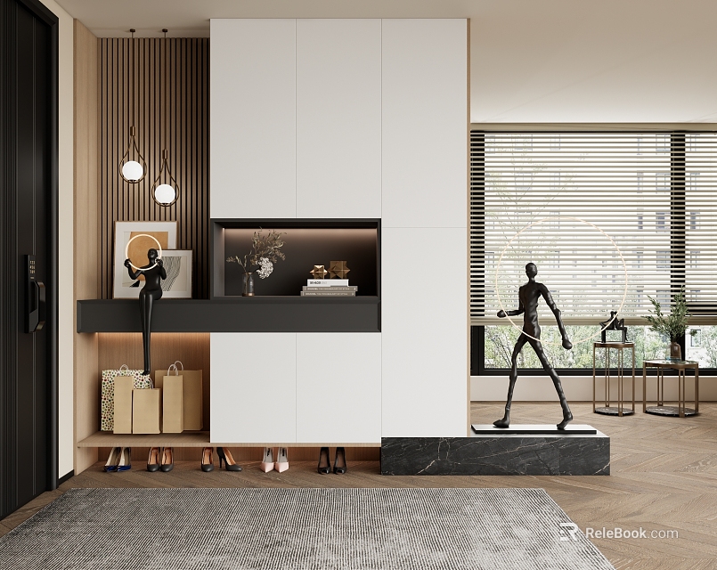 Modern White Shoe Cabinet With Storage Compartments And Decorative Figurines In Entryway 3d model 