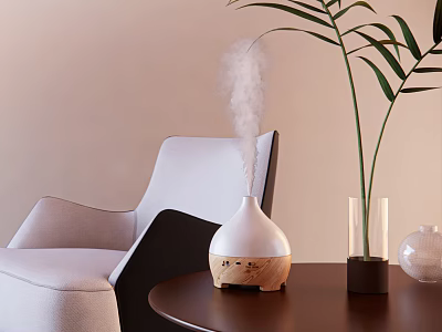 White Wood Essential Oil Diffuser Steaming In Modern Living Room With Armchair And Palm Plant 3d model