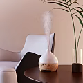 White Wood Essential Oil Diffuser Steaming In Modern Living Room With Armchair And Palm Plant