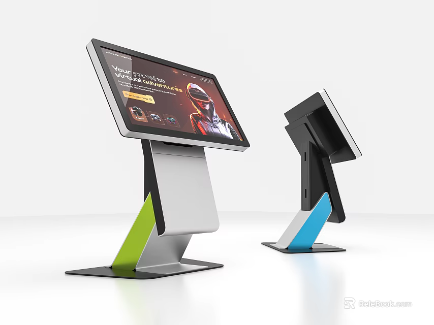 Modern Touchscreen Computers With Green And Blue Stands For Interactive Use 3d model 