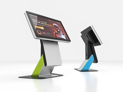 Modern Touchscreen Computers With Green And Blue Stands For Interactive Use 3d model