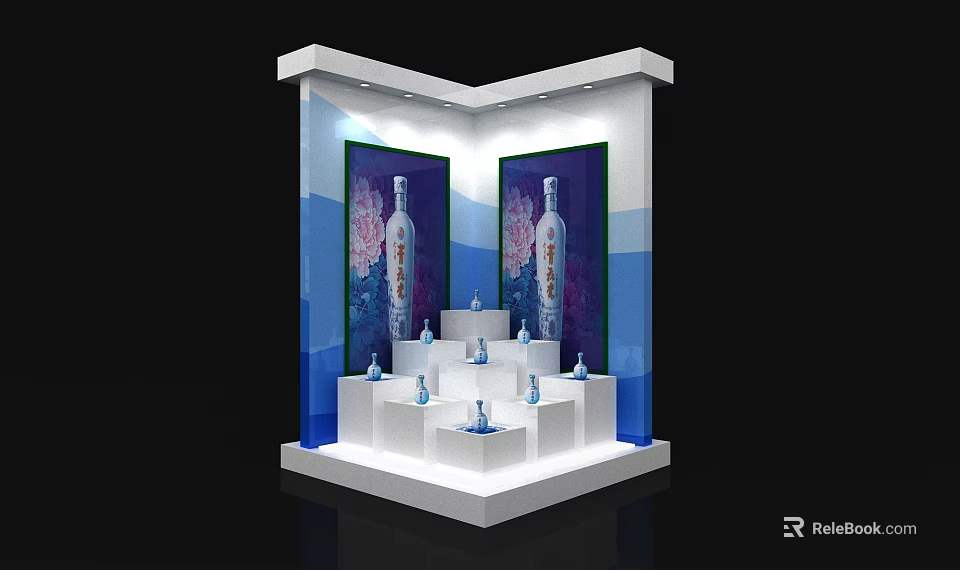 White Modern Display Shelf with Multi tiered Platforms and Blue Bottles on Gradient Background 3d model