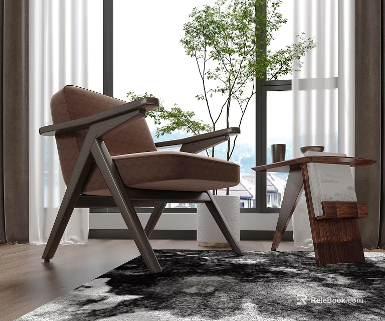 Brown Upholstered Single Sofa With Wooden Frame Side Table And Green Plant Near Window 3d model 