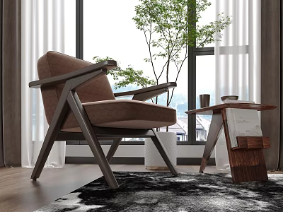 Brown Upholstered Single Sofa With Wooden Frame Side Table And Green Plant Near Window 3d model