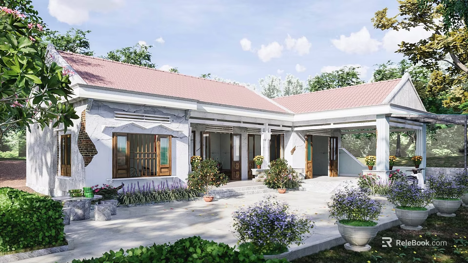 Traditional House Exterior With Red Roof White Walls Courtyard And Potted Plants 3d model 
