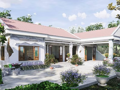 Traditional House Exterior With Red Roof White Walls Courtyard And Potted Plants 3d model