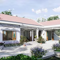 Traditional House Exterior With Red Roof White Walls Courtyard And Potted Plants