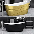 Black Bathtub With Gray Texture In Modern Bathroom With Metal Fixtures And Tile Background
