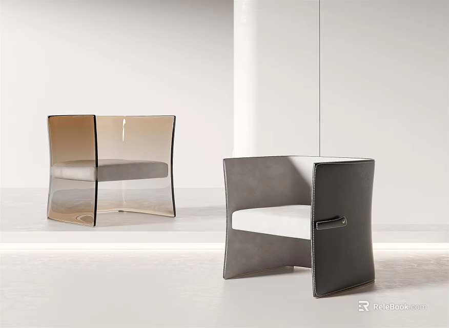 Modern Accent Chairs With Transparent Acrylic And Gray Upholstered Design In White Minimalist Space 3d model 