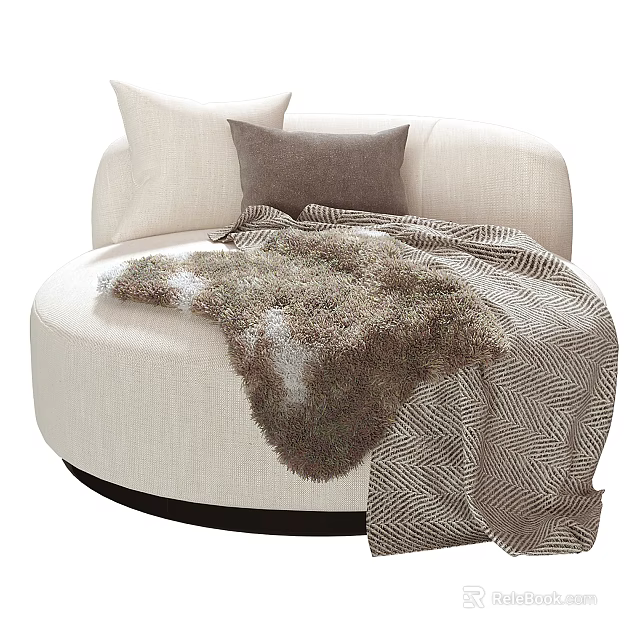 Round Beige Single Sofa with Soft Pillows and Furry Striped Blanket for Cozy Living Space 3d model 