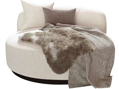 Round Beige Single Sofa with Soft Pillows and Furry Striped Blanket for Cozy Living Space 3d model